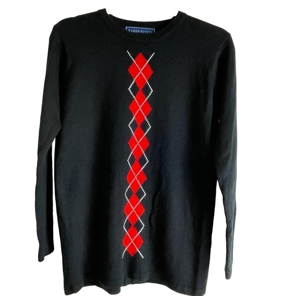 KAREN SCOTT WOMANS SWEATER SIZE S BLACK, RED & WHITE  DIAMOND PATTERN